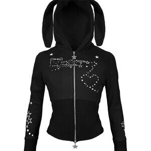 MALFUNCTION BUNNY FITTED HOODIE BLACK (DETACHABLE EARS) Size Small